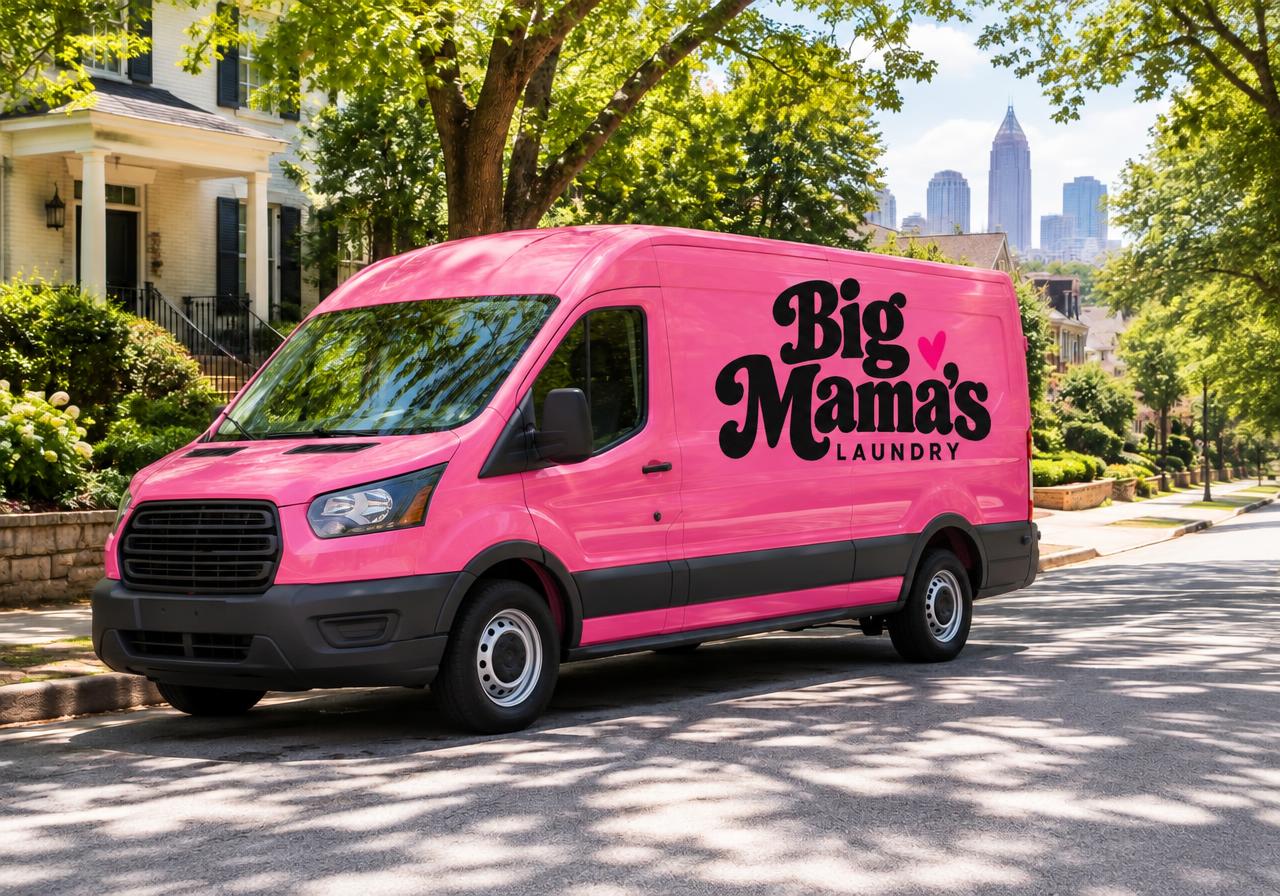 Pink Big Mama's Laundry van on an Atlanta street